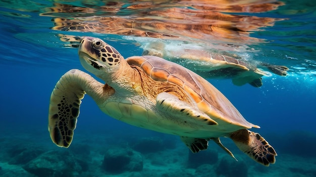 Piękne zbliżenie dużego żółwia pływającego pod wodą w oceanie