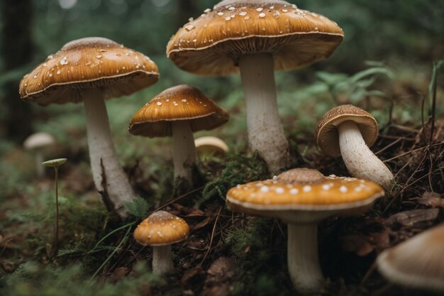 Piękne zbliżenie grzybów leśnych w trawie jesień sezon małe świeże grzyby rosnące w Au