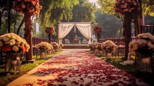 Piękne zdjęcie dekoracji ceremonii ślubnej w ogrodzie wygenerowane przez sztuczną inteligencję