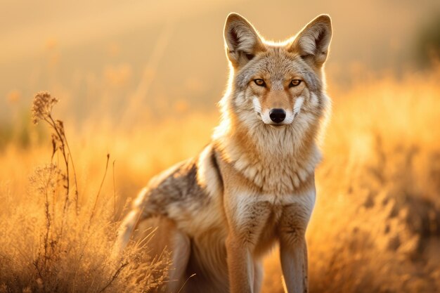 Piękne zdjęcie dzikiego kojota w przyrodzie przy zachodzie słońca wygenerowane przez Ai