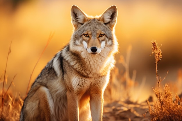 Piękne zdjęcie dzikiego kojota w przyrodzie przy zachodzie słońca wygenerowane przez Ai