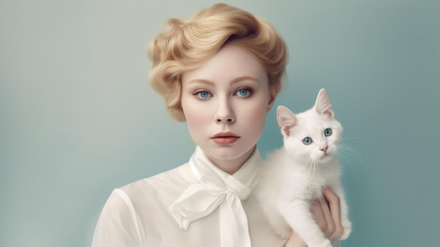 Piękne zdjęcie kobiety modelka rudowłosa dziewczyna blondynka kolorowe tło koty brunetkaGenerative AI