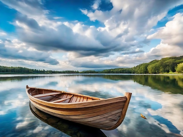 Piękne zdjęcie małego jeziora z drewnianą łodzią wiosłową w ostrości i niesamowitymi chmurami na niebie