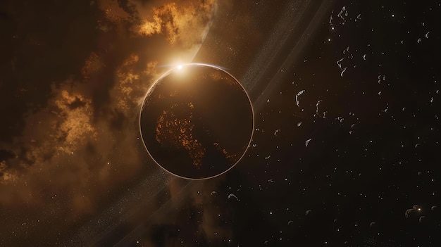 Zdjęcie piękne zdjęcie planety z świecącą atmosferą planeta krąży wokół wielu asteroid