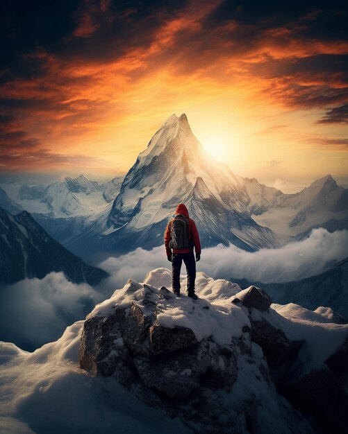 Zdjęcie piękne zdjęcie śnieżnej górskiej osoby stojącej w środku