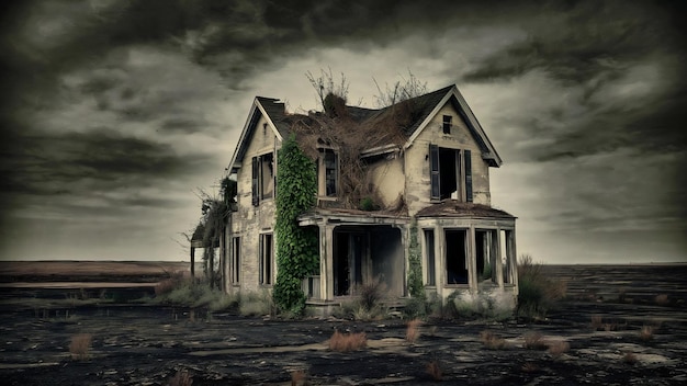 Piękne zdjęcie starego opuszczonego i na wpół zniszczonego domu na dużym brązowym polu pod szarym niebem