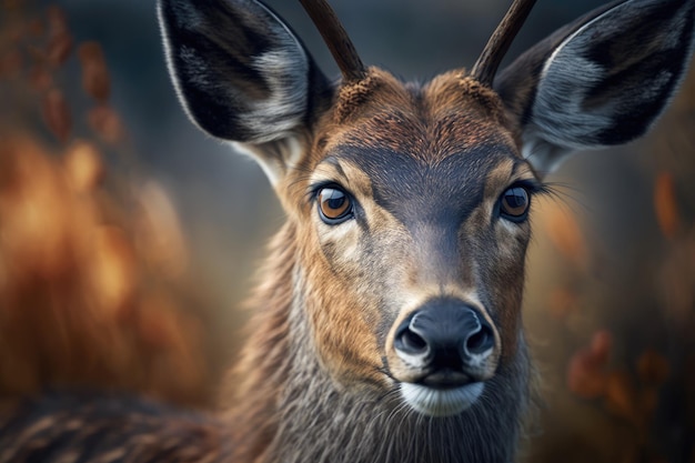 Piękne zdjęcie z bliska brązowego jelenia patrzącego prosto w kamerę