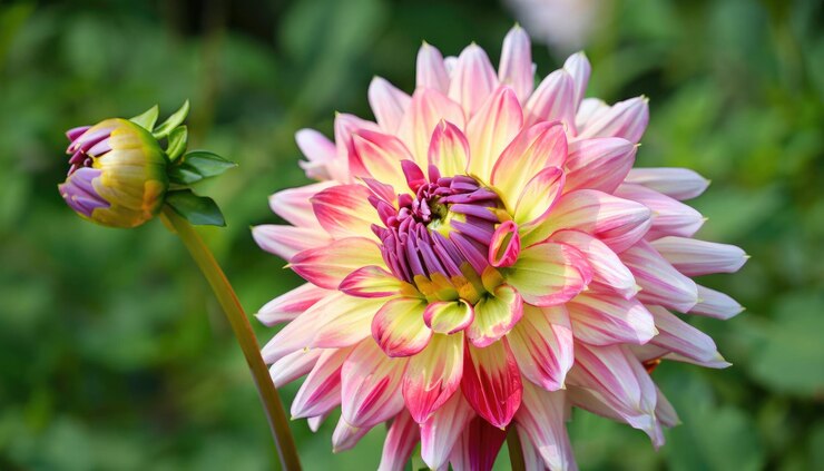 Zdjęcie piękne zdjęcie zbliżenie kwiatu dahlia w naturze z zielonym tłem