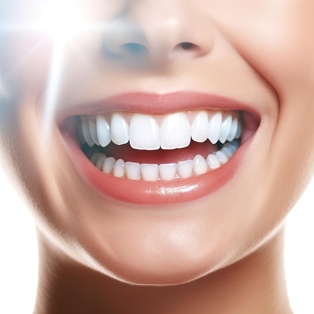 Piękne zęby kobiety z naturalnym białym uśmiechem