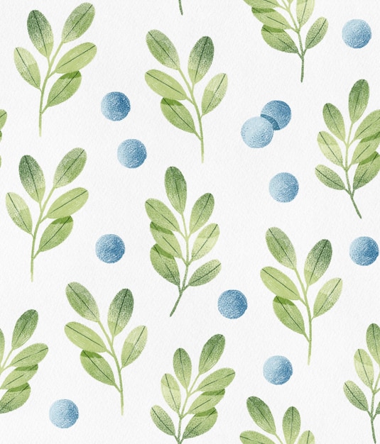 Zdjęcie piękne zielone liście gałęzie i niebieskie jagody wzór śliczna ilustracja botaniczna