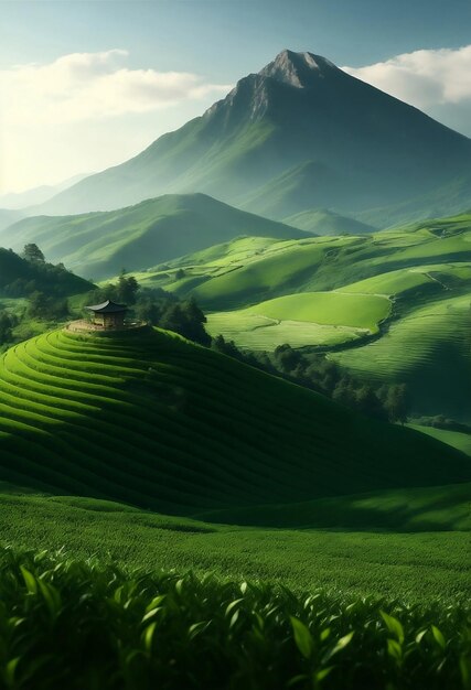 Piękne zielone pole herbaty na górze z niebieskim tłem nieba