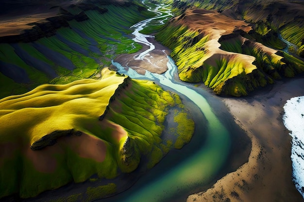 Piękne zielone wzgórza i kaniony w powietrznej rzece Islandii