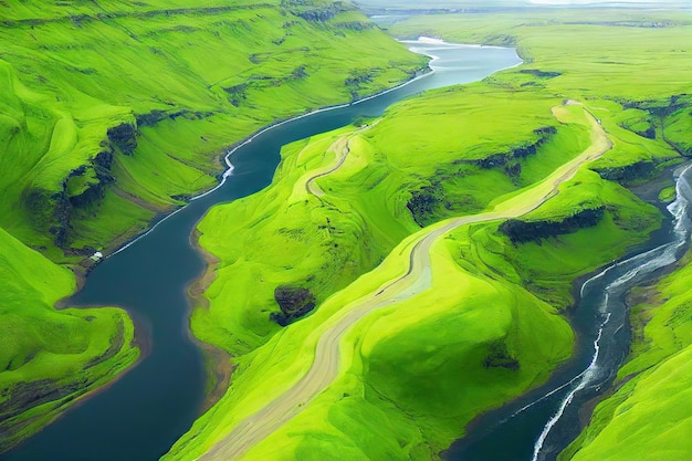 Piękne zielone wzgórza i kaniony w rzece powietrznej Islandii