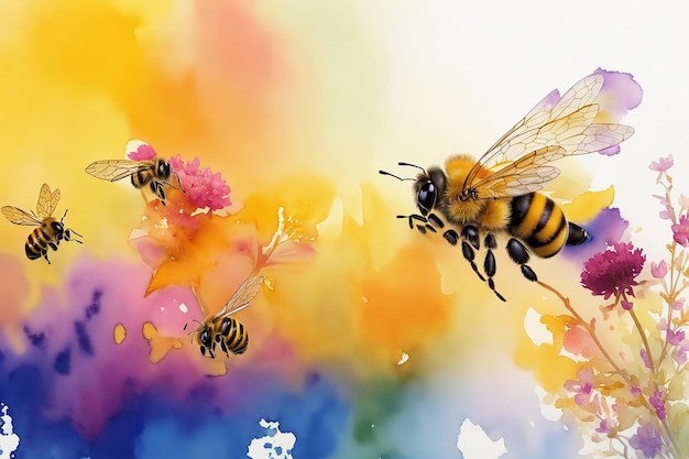 Piękne żółte pszczoły wędrują po ogrodzie, zbierając miód i zapylając kwiaty akwarelą