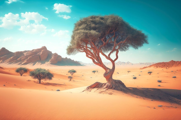 Piękne żyjące samotne drzewo na gorącej pustyni otoczonej piaskiem i niskimi klifami
