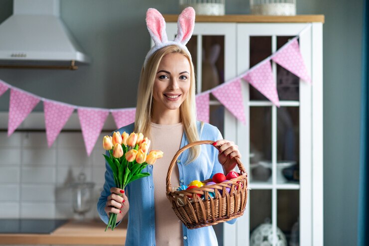 Piękni blond kobiety mienia kwiaty i Wielkanocny kosz.