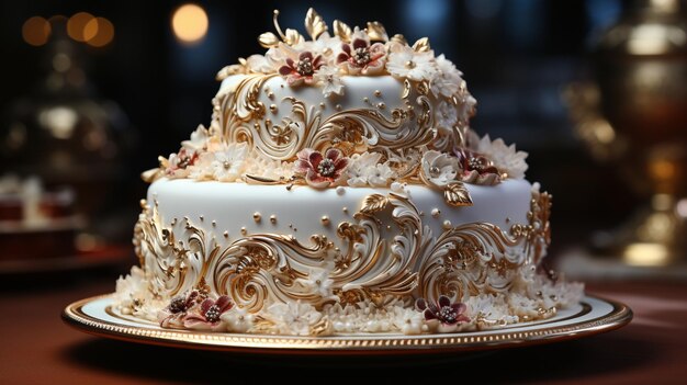 Pięknie ozdobione ciasto z skomplikowanymi rysunkami na górze