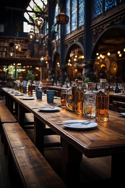 Zdjęcie pięknie ozdobione wnętrze sali piwnej z długimi wspólnymi stołami generatywna sztuczna inteligencja