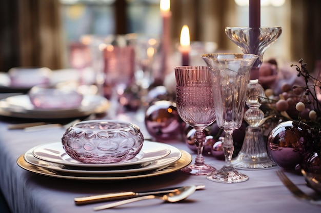 Pięknie ozdobiony stół na świąteczną kolację z naczyniami fioletowymi dekoracjami