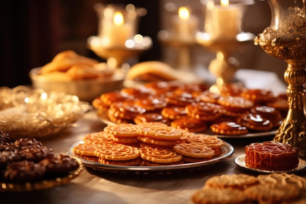 Pięknie ozdobiony stół Purim ozdobiony uroczystym rozłożeniem potraw pokazujących żywy i radosny duch święta