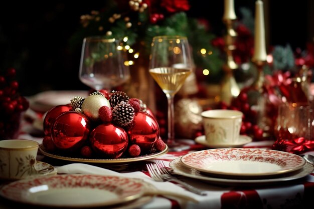 Pięknie ozdobiony świąteczny stół dla pięknej rodziny świąteczna kolacja Czerwona dekoracja stołu