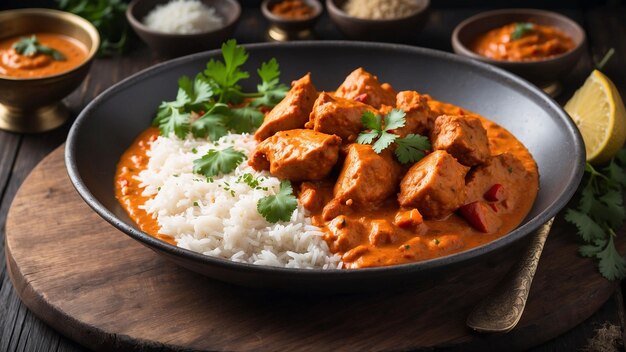 Pięknie pokryta kurczaka tikka masala parząca z bogatymi aromatycznymi przyprawami siedzi na ciemnym woo