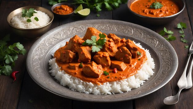 Pięknie pokryta kurczaka tikka masala parząca z bogatymi aromatycznymi przyprawami siedzi na ciemnym woo