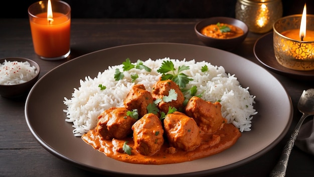 Pięknie przedstawiony talerz kurczaka Tikka Masala żywy pomarańczowy odcień sosu kontrastuje