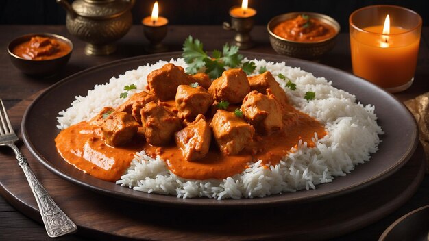 Pięknie przedstawiony talerz kurczaka Tikka Masala żywy pomarańczowy odcień sosu kontrastuje