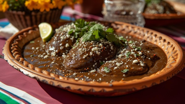 Pięknie przedstawiony talerz mole, charakterystyczne meksykańskie danie.