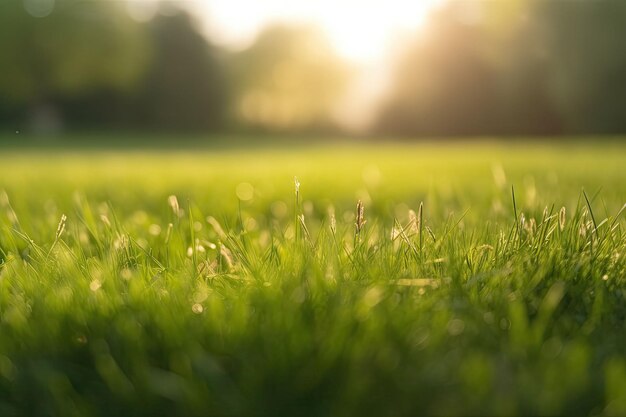 Pięknie przycięty trawnik na niewyraźnym tle wiosennego Widok na poziomie gruntu Ilustracja generatywna AI