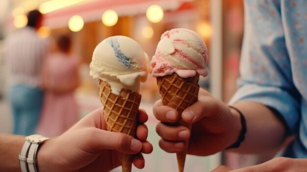 Pięknie stylizowane stożki lody trzymane przez ręce białego mężczyzny i ręce białej kobiety z pasem