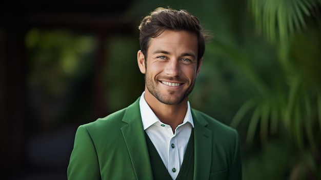 Pięknie ubrany mężczyzna uśmiecha się na zielonym tle Generative Ai