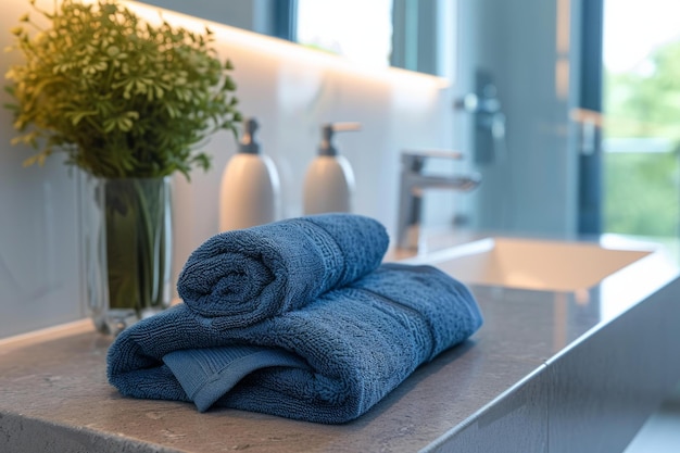 Zdjęcie pięknie ułożony licznik w łazience z pluszowymi niebieskimi ręcznikami, zielenią i dozownikami mydła