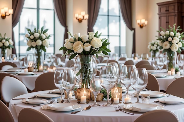 Pięknie ustawione stoły z szklankami i urządzeniami na wesele lub inne wydarzenie