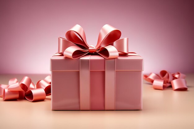 Pięknie zapakowane różowe pudełko z prezentami ozdobione łukiem na miękkim różowym tle