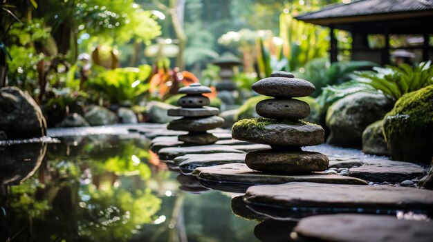 Pięknie zaprojektowany ogród z Zen kamiennym spacerem, który przekazuje pokój i spokój Generatywna sztuczna inteligencja