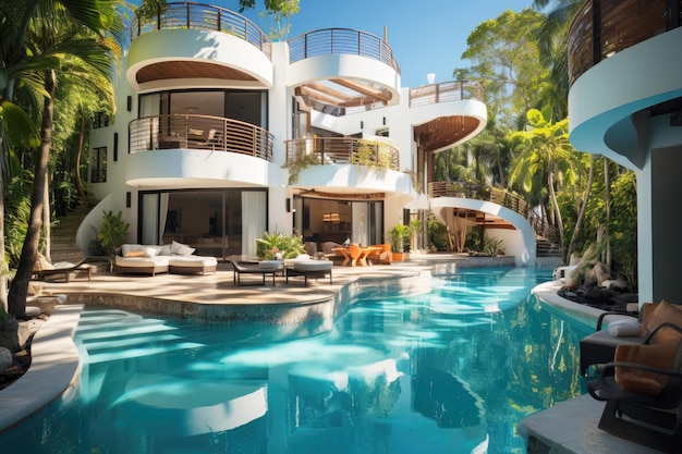 Piękno architektoniczne nowoczesny hotel basen i tropikalne palmy