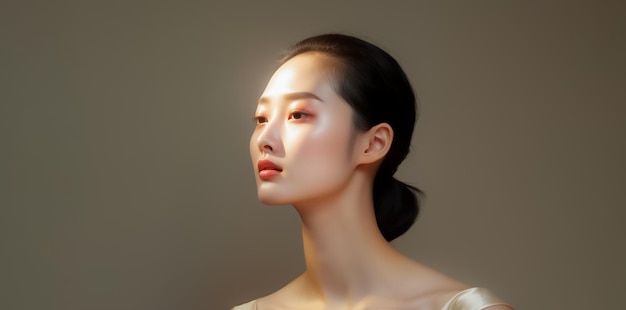 Piękno azjatycka modelka pielęgnacja skóry i makijaż ze zdrową skórą twarzy na pustej przestrzeni AI generowane