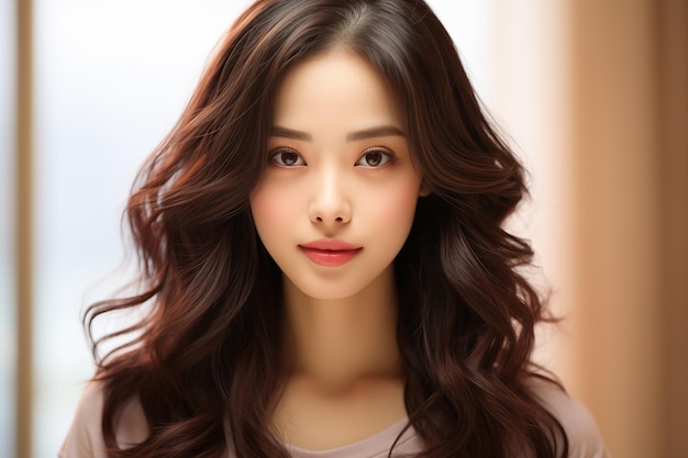 Zdjęcie piękno ludzie i zdrowie koncepcja piękna młoda azjatka z brązowymi długimi włosami