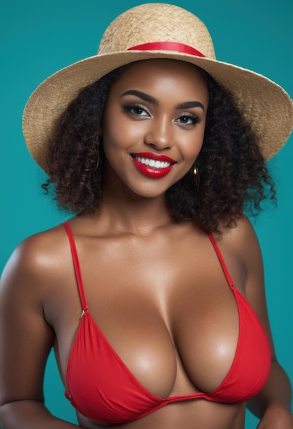 piękno młoda modelka uśmiechnięta słomkowy kapelusz ręce na biodrach profesjonalne studio fotograficzne noszące bikini