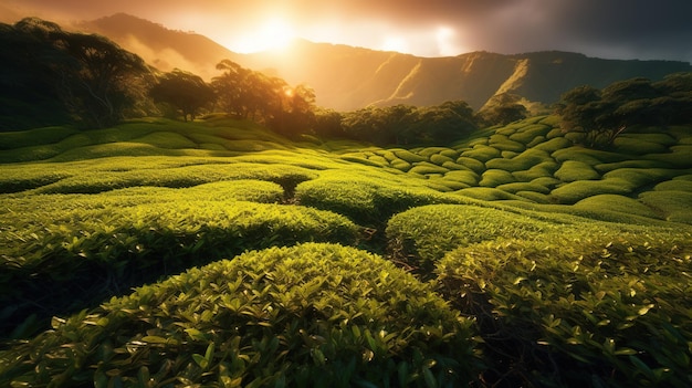 Piękno nasłonecznionych pól herbacianych w pogodnym i spokojnym wiejskim krajobrazie generatywnym ai