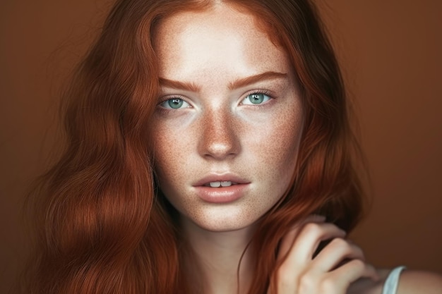 Piękno portret zmysłowej młodej kobiety z długimi rudymi włosami pozowanie