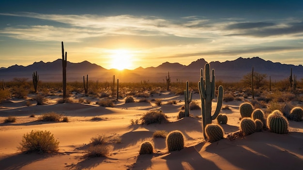 Piękno pustyni, gdy słońce zanurza się pod horyzontem, rzucając długie cienie kaktusów na piaszczyste grunty.