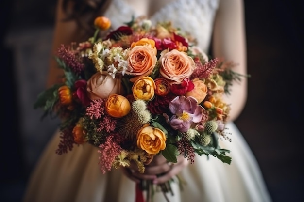 Piękno ślubnego bukietu z różnymi kwiatami w rękach