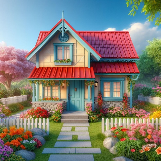 Piękno wiosny Uroczy dom w środku natury Piękny domek z wiosennymi kwiatami
