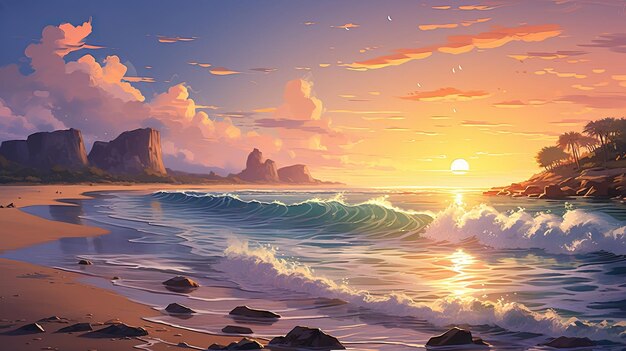 Piękno zmierzchu zdobi piaszczystą plażę o zachodzie słońca Zachód słońca na plaży delikatne fale spokojne wybrzeże piaszczysty brzeg Wygenerowane przez AI