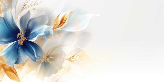 Piękny abstrakcyjny złoty i niebieski przezroczysty kwiatowy wzór tła piękny generatywny AI AIG32