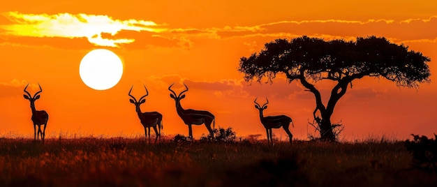 piękny afrykański zachód słońca z sylwetkami antylop i gazel w tle