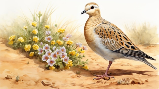 Piękny akwarela gołąb ptak na kwiatach maluje tło ilustracji AI Generowana sztuka